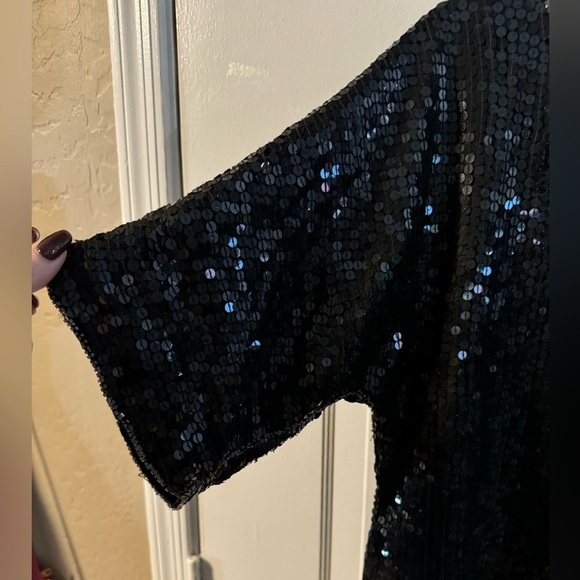 VTG Elegant Black Silver Sequin Top 100% Pure Silk Fancy Party Sparkle Granny - Picture 3 of 11